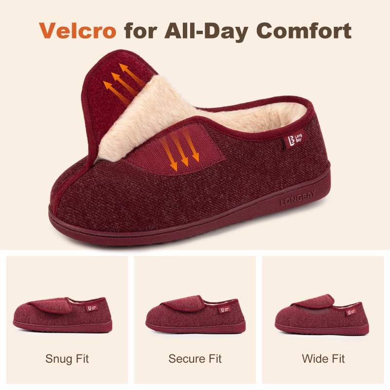 LongBay Womens Adjustable Slippers Memory Foam Cozy Wide Diabetic House Shoes Edema Orthopedic Neuropathy Indoor Outdoor (10 B(M), Wine Red) - Image 3
